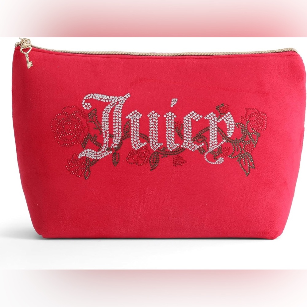Juicy Couture Rhinestone Roses Terry Velour Top Zip Cosmetics Bag Travel Clutch